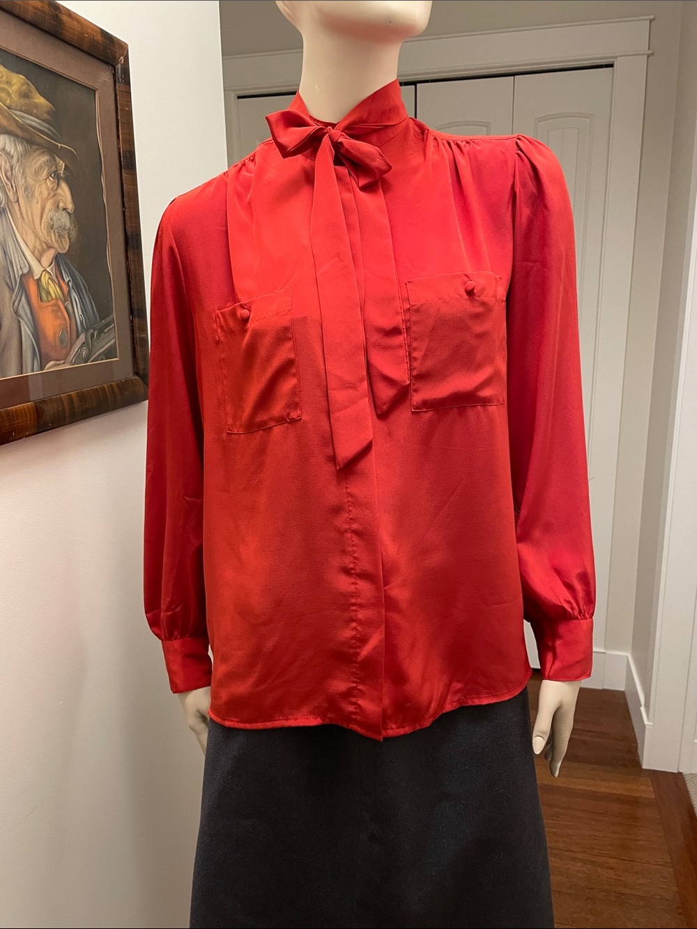 Vintage Women's Red Tie-Neck Blouse with Chest Pockets